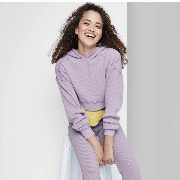 NWT Light Purple Waffle Knit Cropped Hoodie Sweater S - Picture 1 of 7